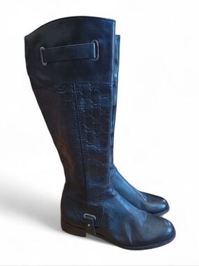 Etienne Aigner Black Leather Tall Riding Boots Monogram E-Gilbert Size 8.5